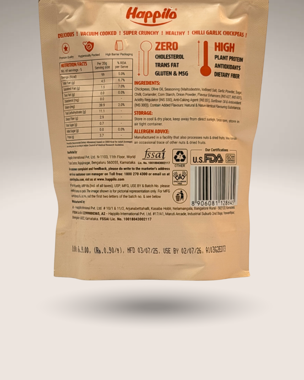 Happilo Chilli Garlic Chickpeas (Vacuum Cooked)