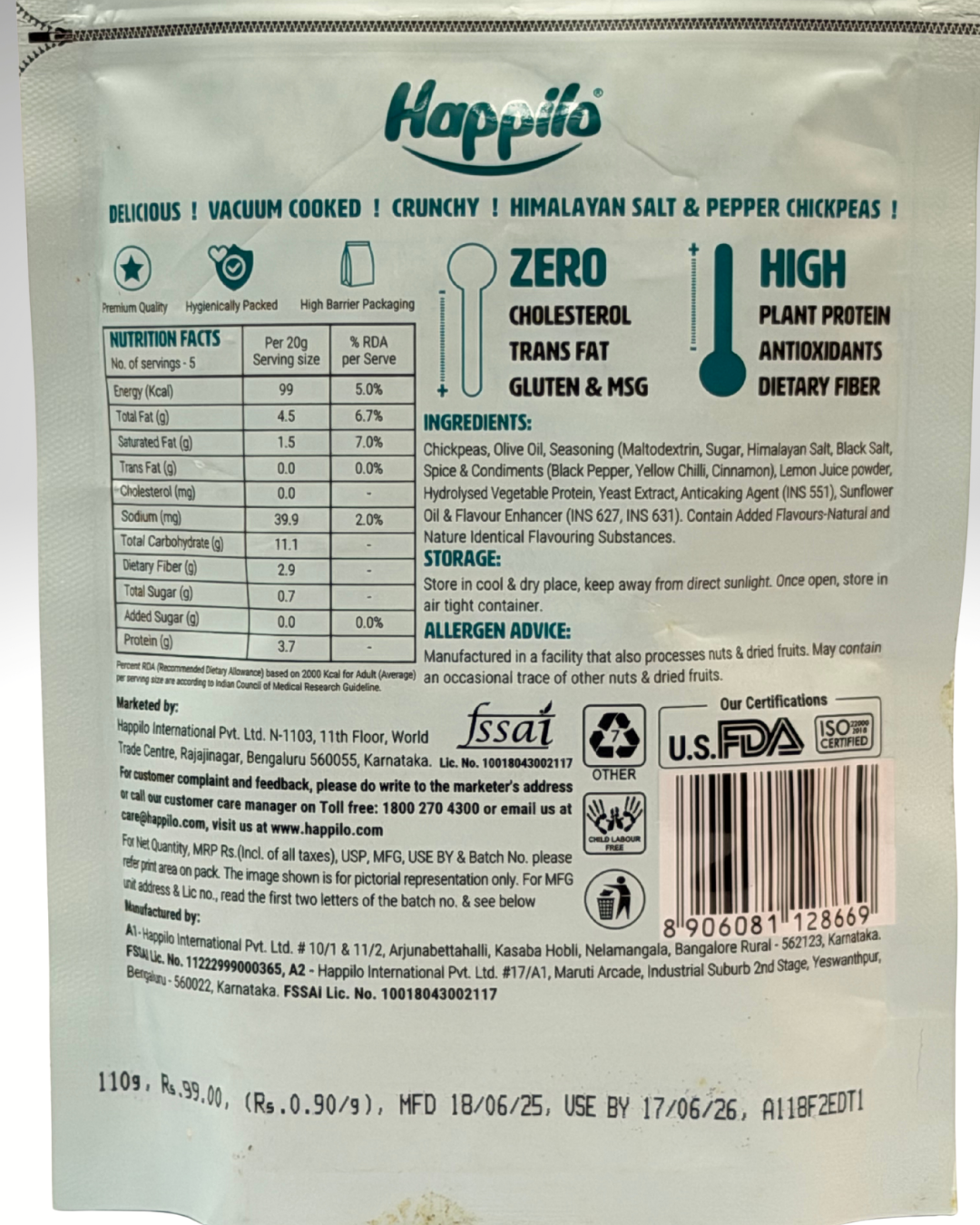 Happilo Himalayan Salt & Pepper Chickpeas (Vacuum Cooked)