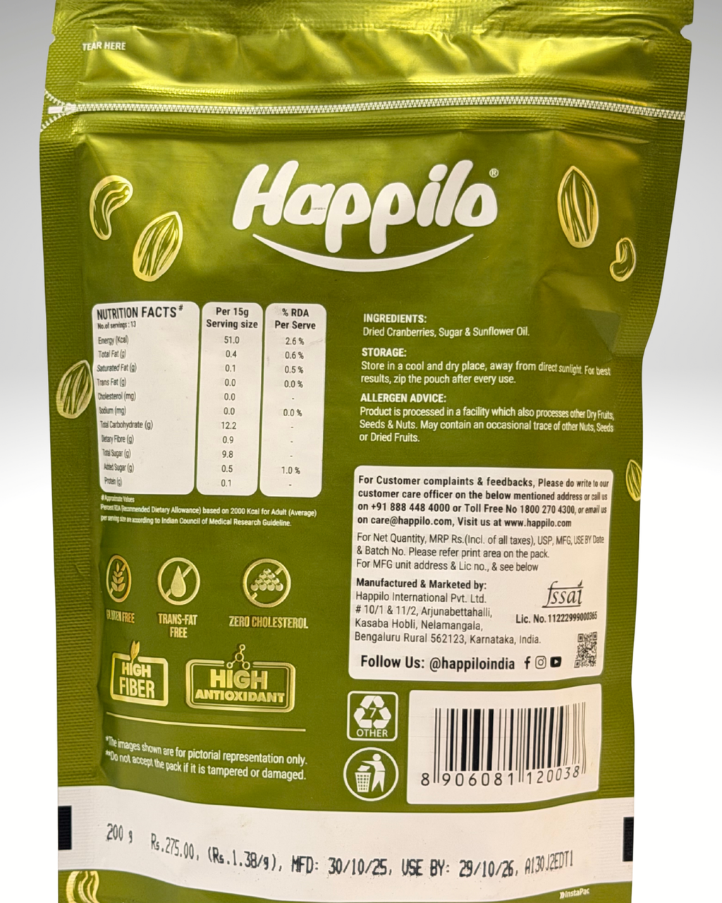 Happilo Californian Premium Sweet Dried Whole Cranberries