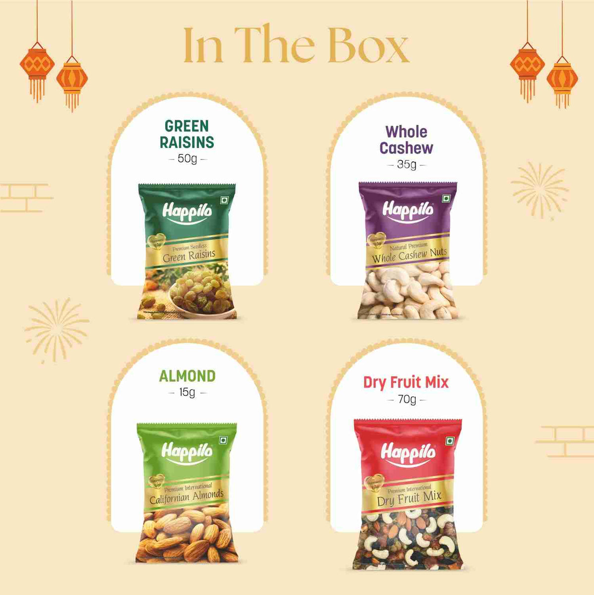 Ashta Lakshmi Gift box ( Happilo) - in the box: green raisins, whole cashew, almond and dry fruit mix