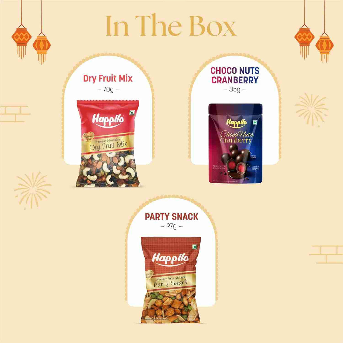 Ashta Lakshmi Gift box ( Happilo) - in the box: dry fruit mix, choco nuts cranberry and party snack