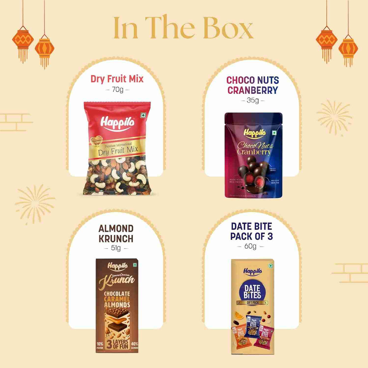 Ashta Lakshmi Gift box ( Happilo) - in the box: dry fruit mix, choco nuts cranberry, almond krunch and date bite pack of 3