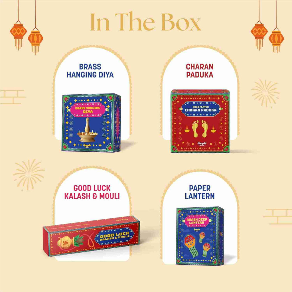 Ashta Lakshmi Gift box ( Happilo) - in the box: brass hanging diya, charan paduka, good luck kalash and mouli, paper lantern
