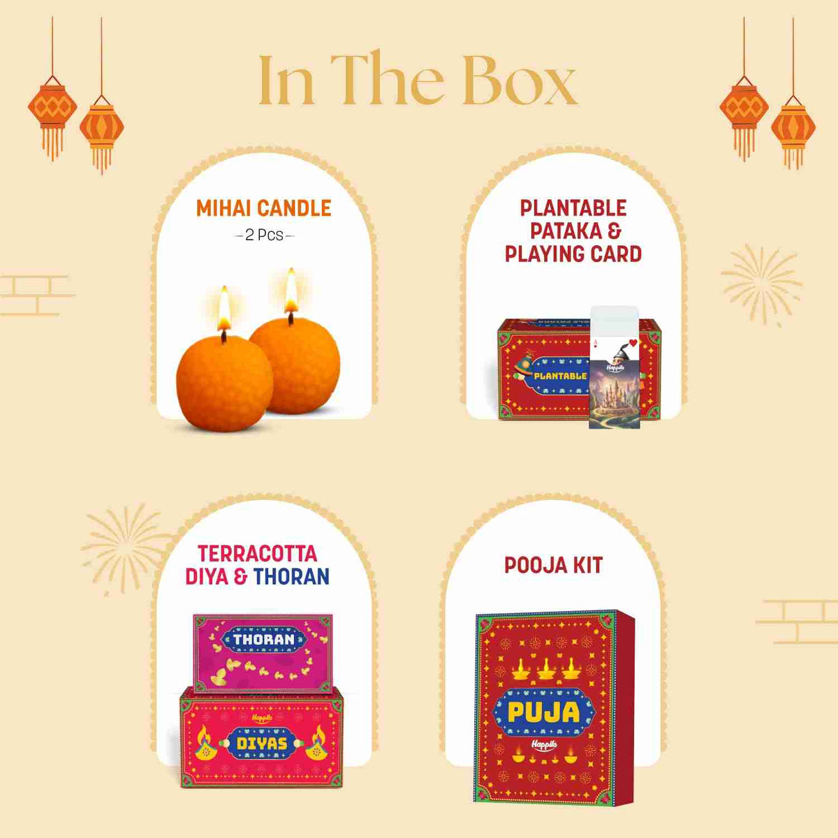 Ashta Lakshmi Gift box ( Happilo) - in the box: mithai candle, plantable pataka and playing card, terracotta diya and thoran, pooja kit