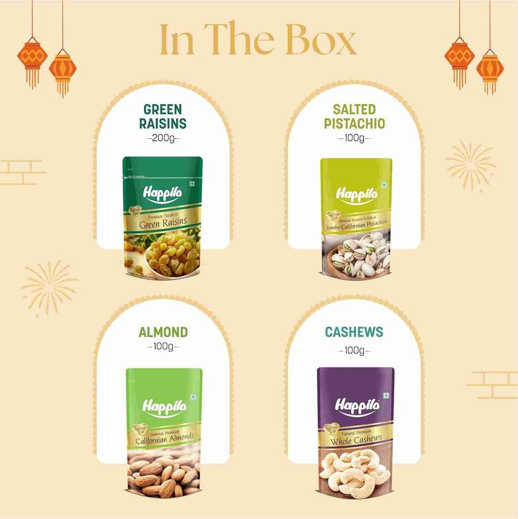 Happilo Golden Potli Dry Fruit Gift Bag - what's inside: green raisins, salted pistachio, almond and cashews