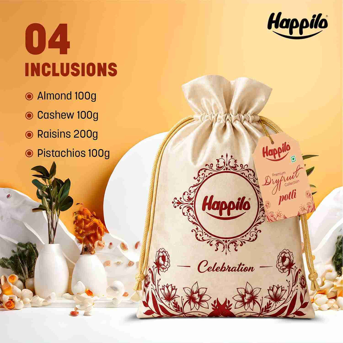 Happilo Golden Potli Dry Fruit Gift Bag - 4 inclusions: almond, cashew, raisins and pistachios