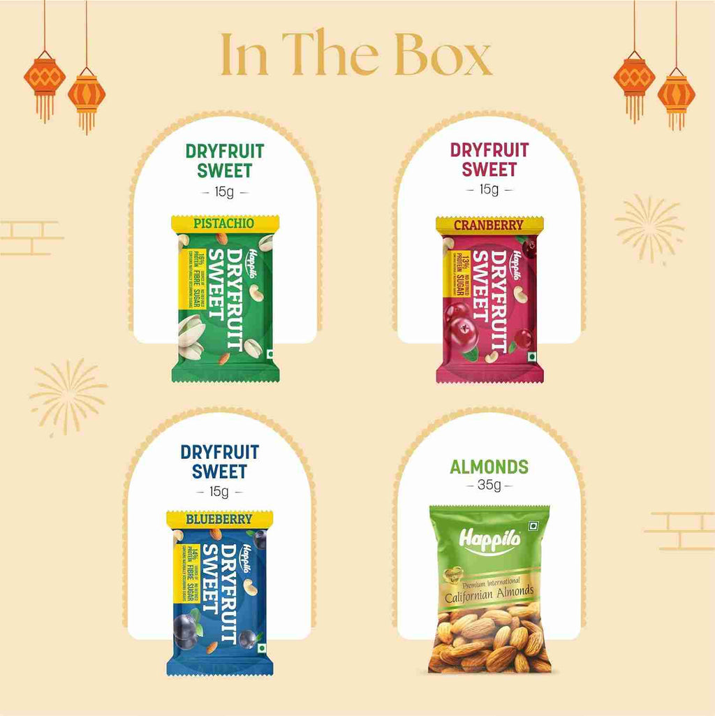 Happilo Dhamaka Diwali Gift Box (Happilo, Bengaluru) - in the box: dryfruit sweets pistachio, cranberry, blueberry and almonds