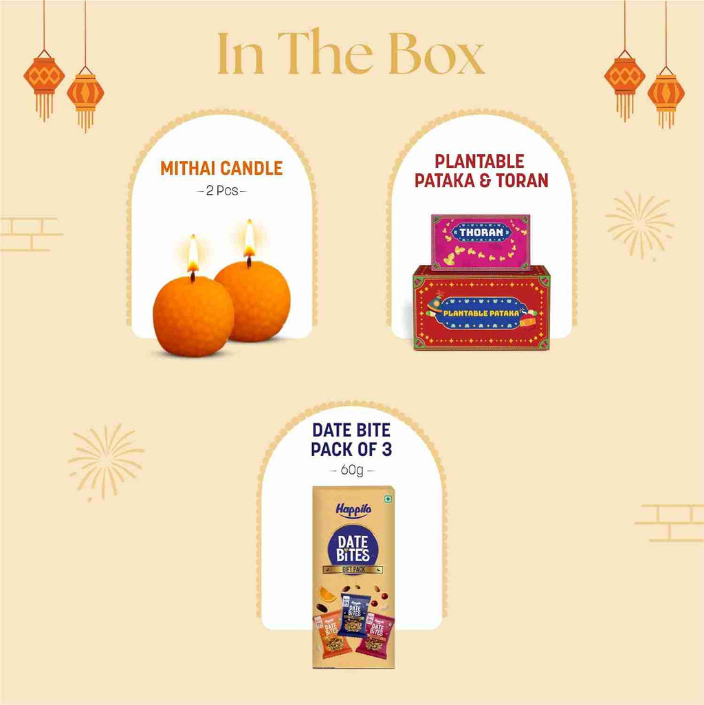 Happilo Dhamaka Diwali Gift Box (Happilo, Bengaluru) - in the box: mithai candle, plantable pataka and toran, date bite pack of 3