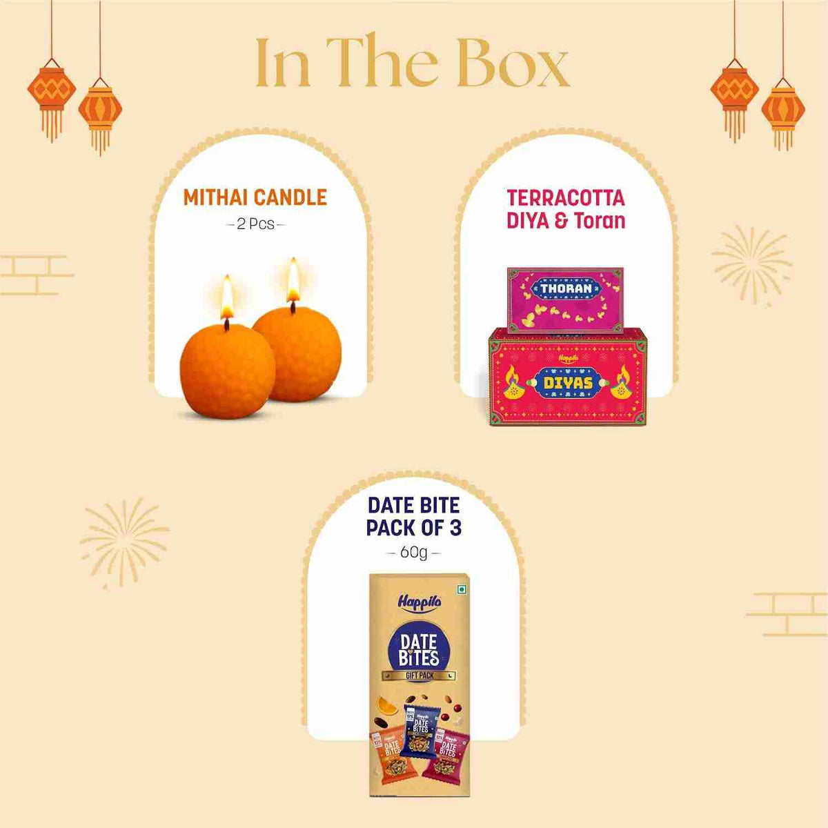 Tyohar Gift Box (Happilo) - in the box: mithai candle, terracotta diya and toran, date bite pack of 3