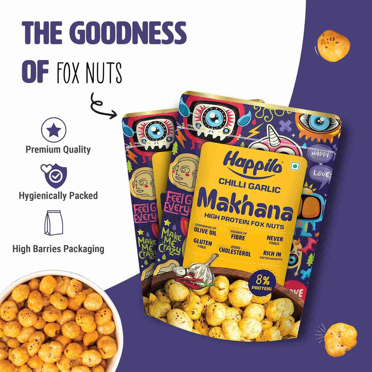 Premium Super Snack Makhana Chilli Garlic (Happilo, Bengaluru)