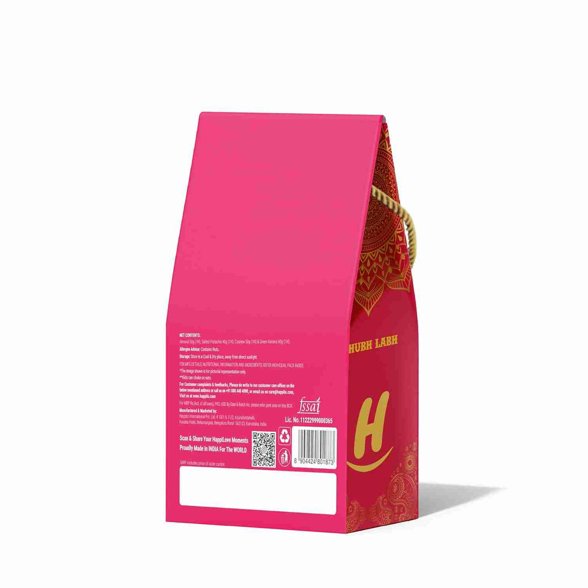 Shubh Labh Dry Fruit Gift Box (Happilo, Bengaluru) - back of the pink gift box