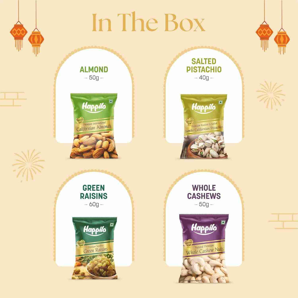 Shubh Labh Dry Fruit Gift Box (Happilo, Bengaluru) - in the box: almond, salted pistachio, green raisins and whole cashews