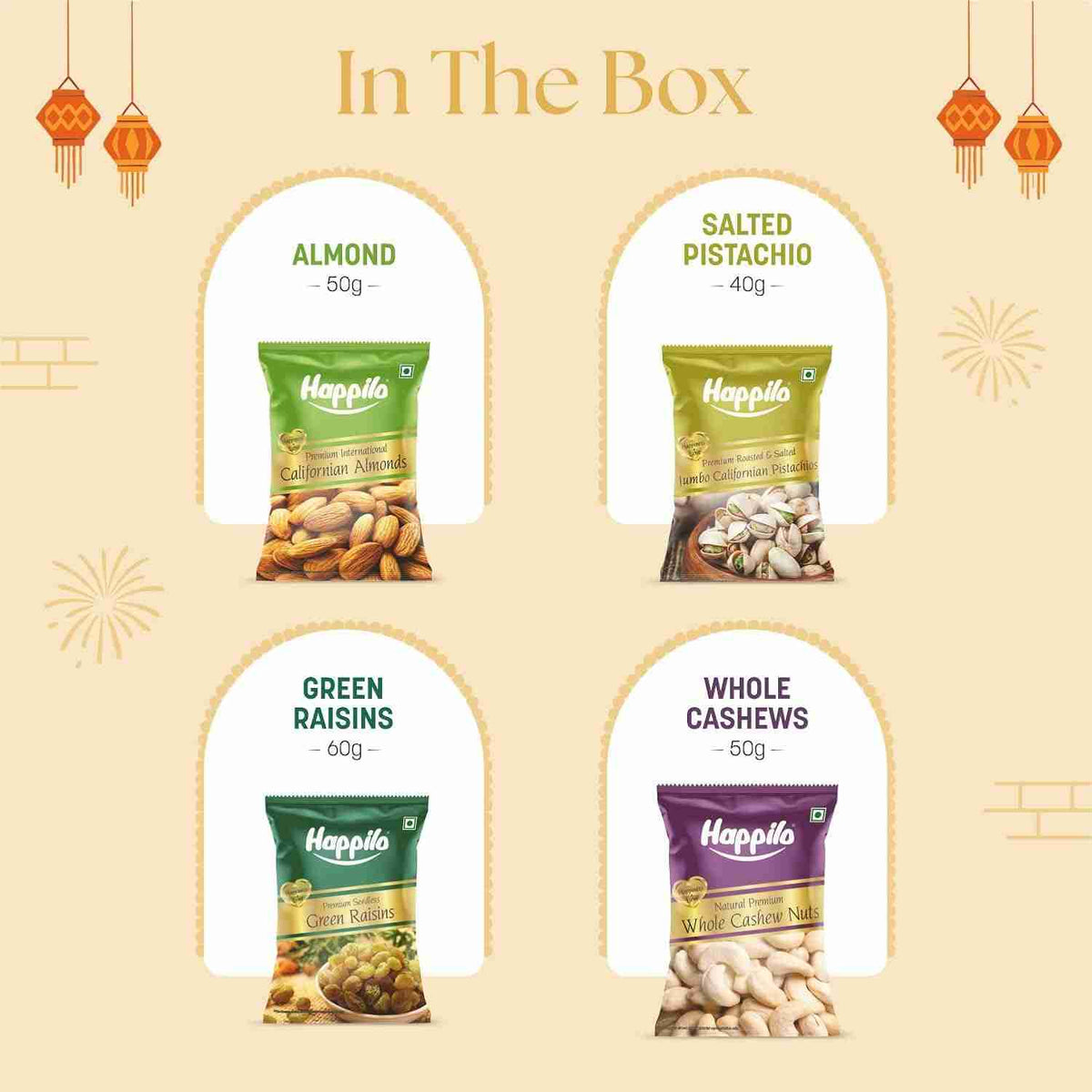 Shubh Labh Dry Fruit Gift Box (Happilo, Bengaluru) - in the box: almond, salted pistachio, green raisins and whole cashews